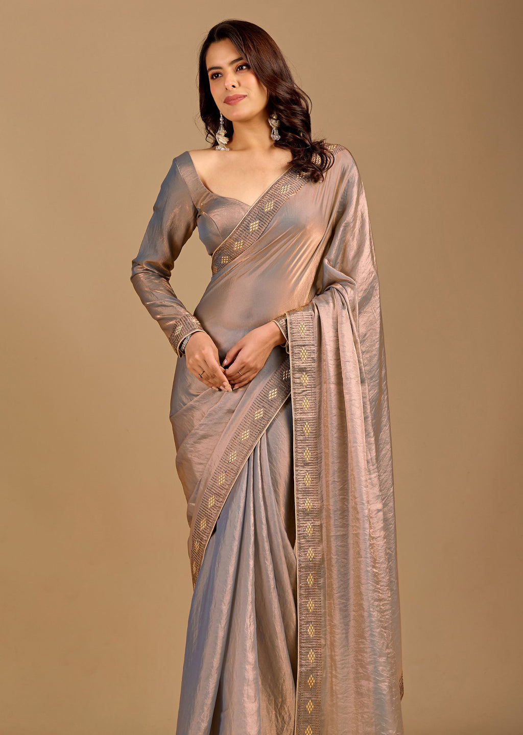 Metallic Grey Organza Saree with Stone Work Border