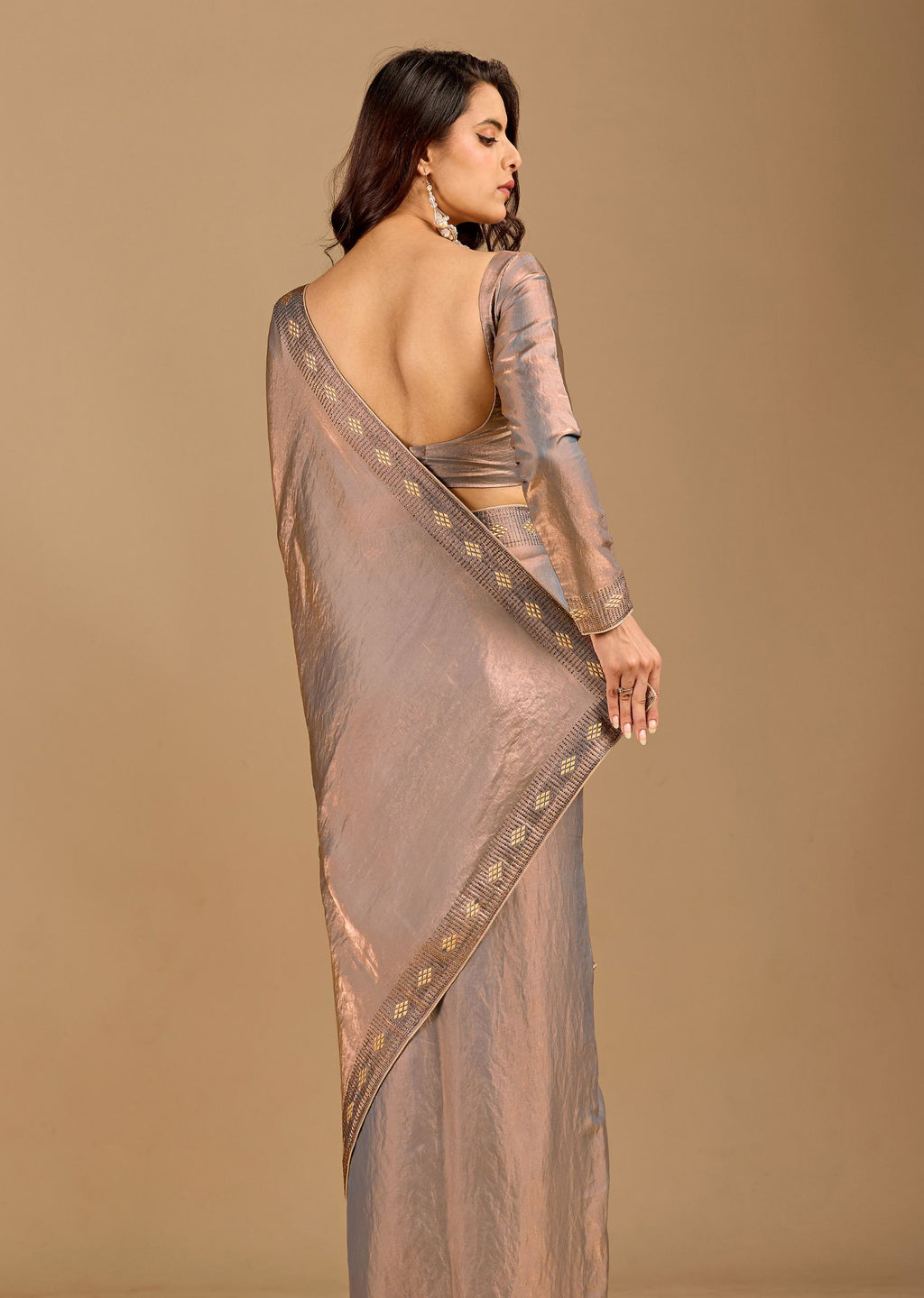 Metallic Grey Organza Saree with Stone Work Border