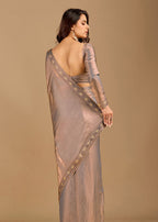 Metallic Grey Organza Saree with Stone Work Border