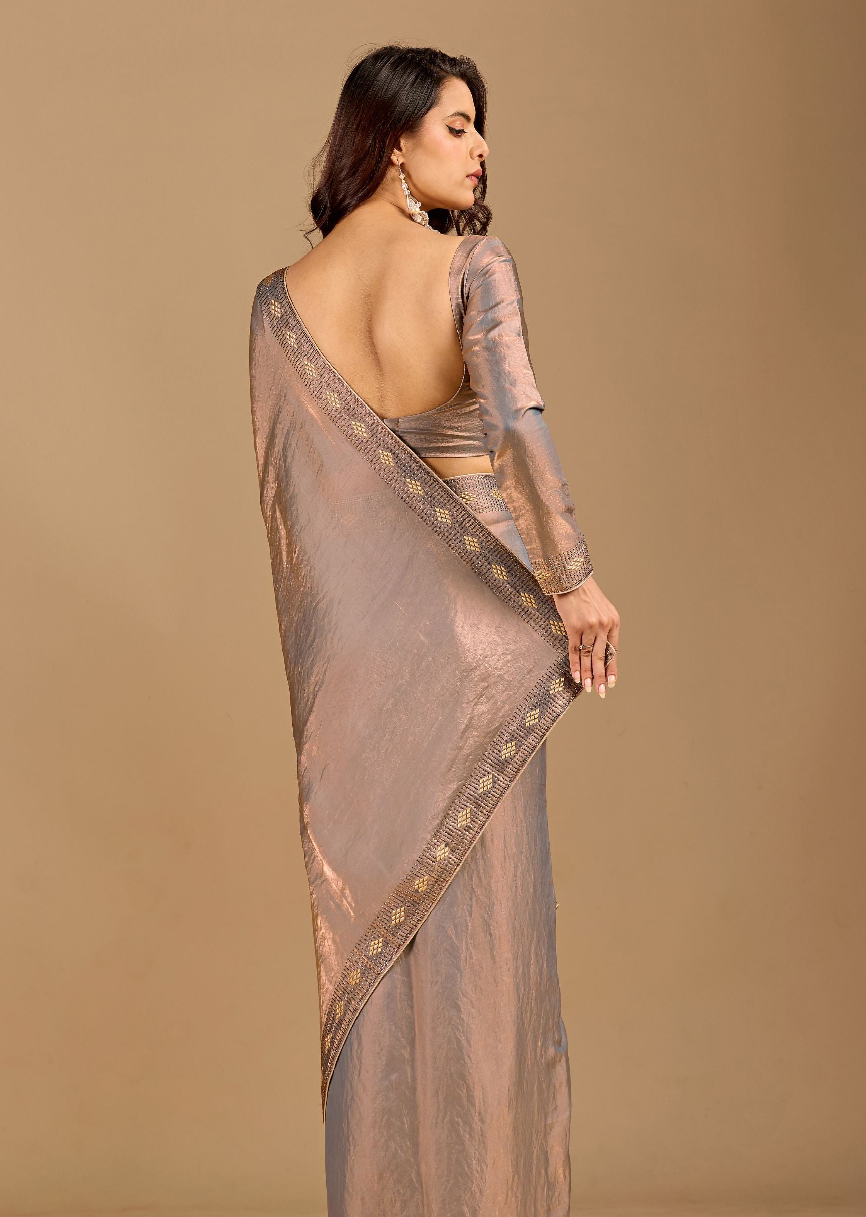 Metallic Grey Organza Saree with Stone Work Border