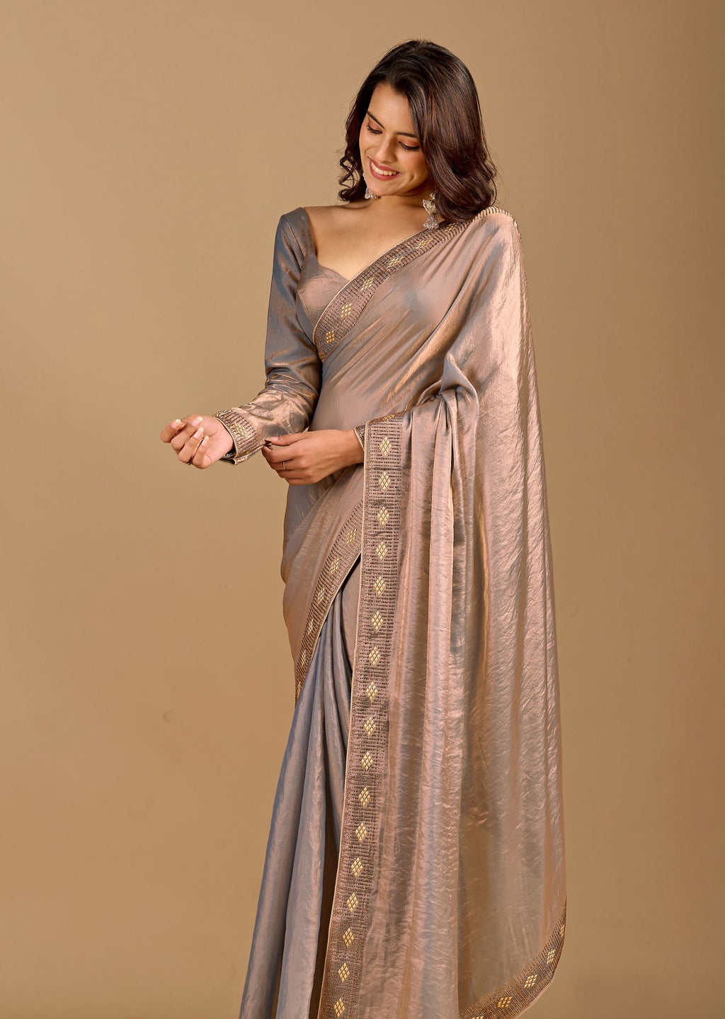 Metallic Grey Organza Saree with Stone Work Border