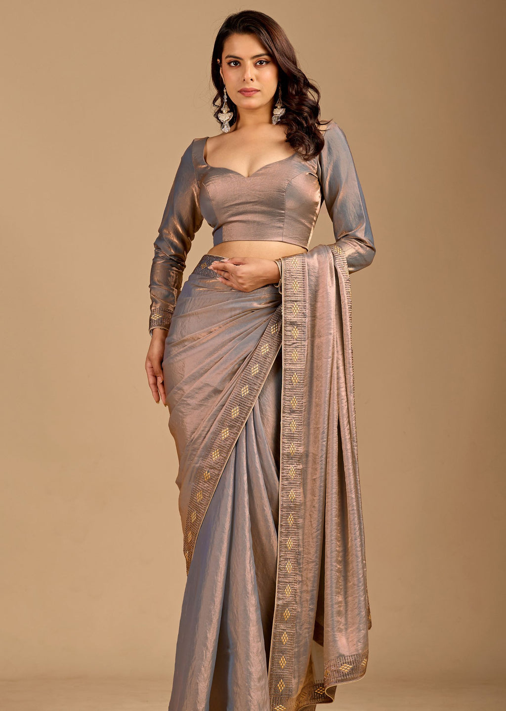 Metallic Grey Organza Saree with Stone Work Border