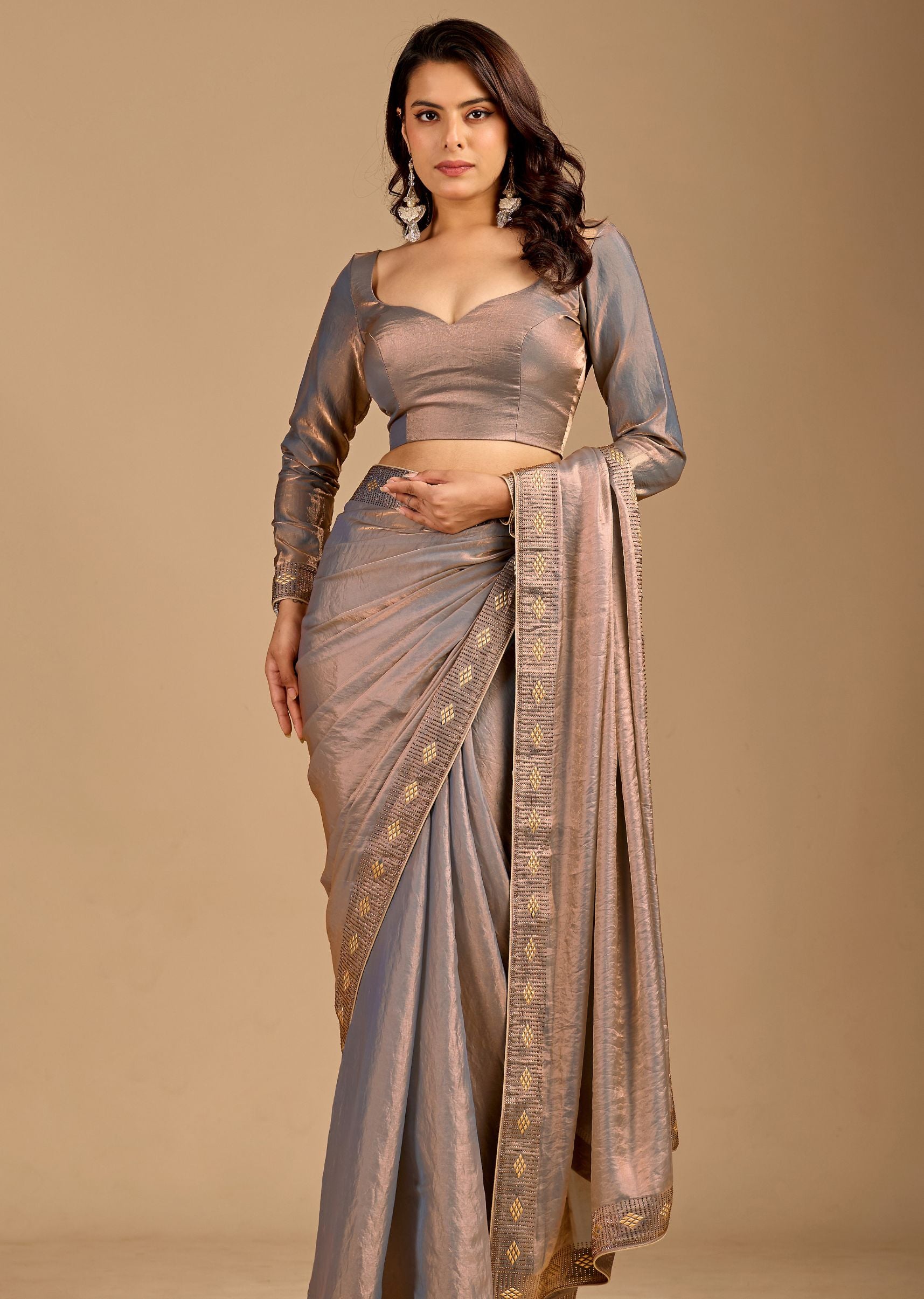 Metallic Grey Organza Saree with Stone Work Border