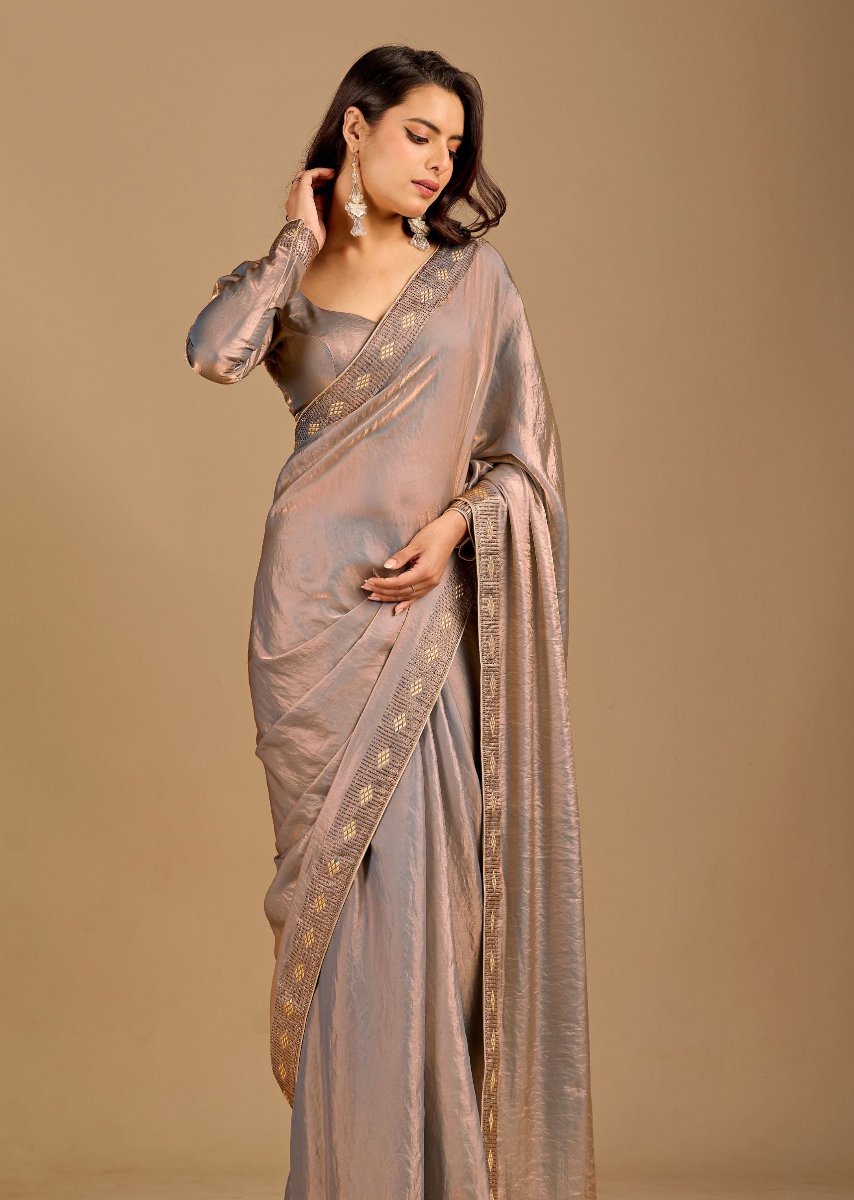 Metallic Grey Organza Saree with Stone Work Border