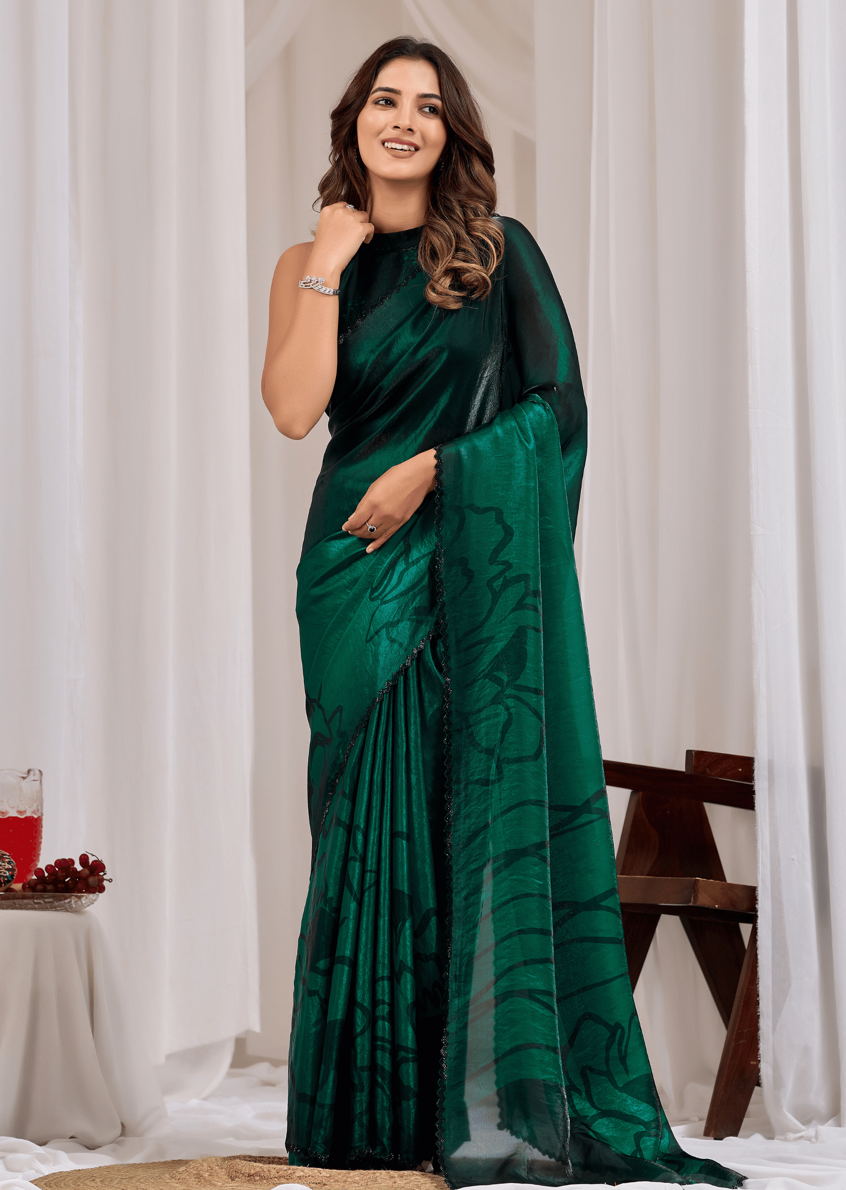 Green Organza Saree With Floral Print - Front Look | Buy On Ethnic9