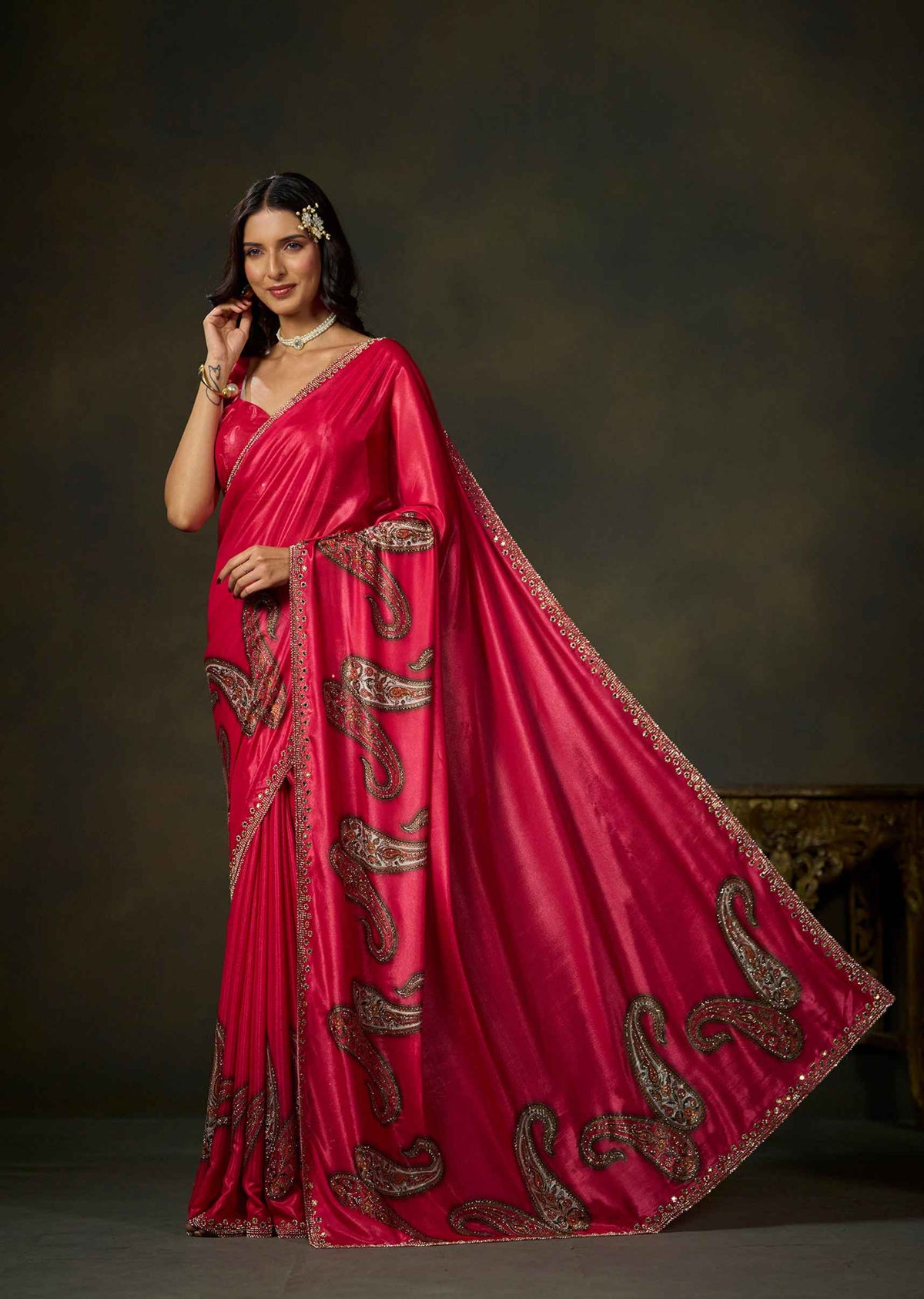 Pink Satin Silk Saree With Paisley Embellished Motifs And Border