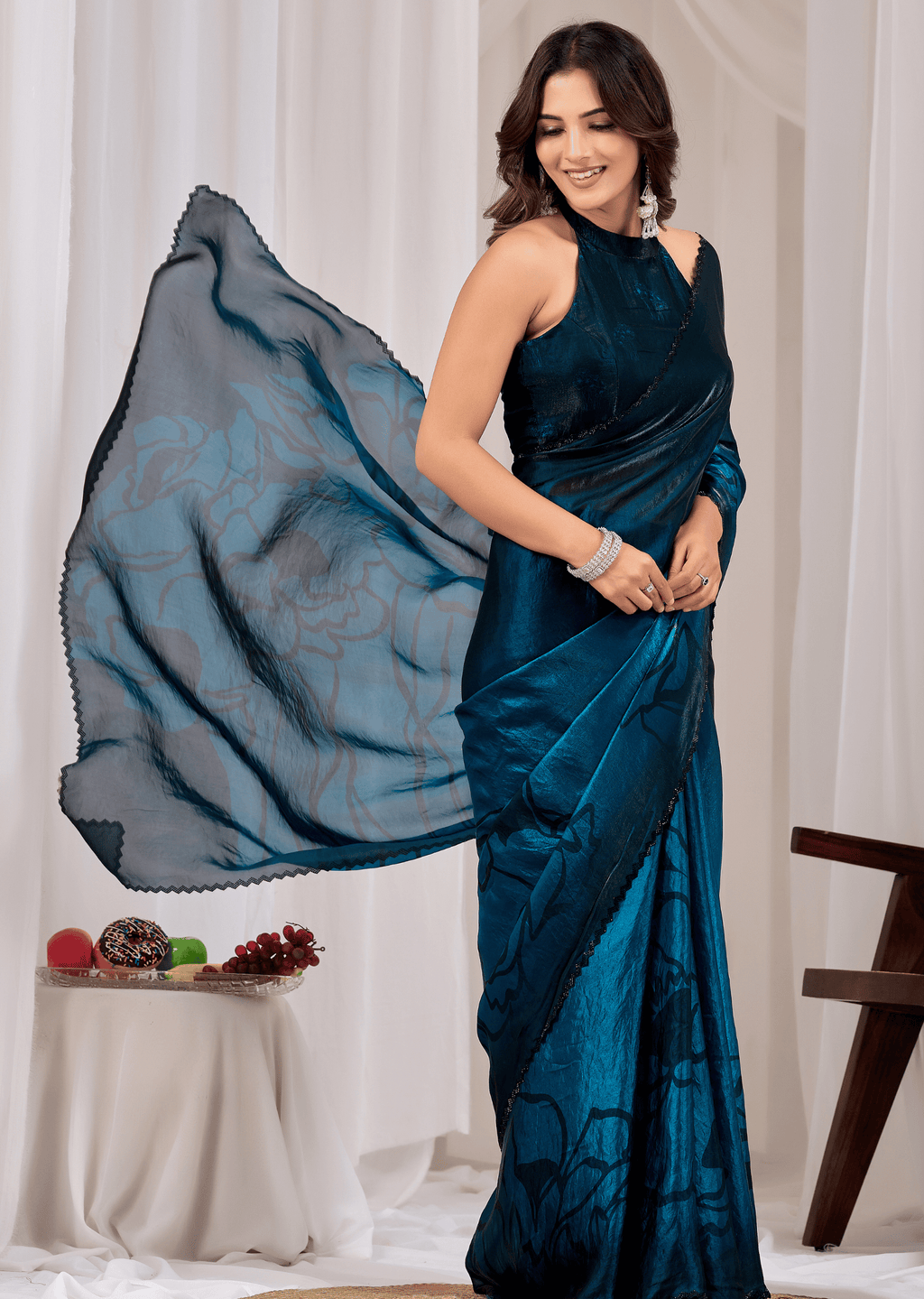 Royal Blue Organza Saree Blouse Close Up - Stone Border Detailing