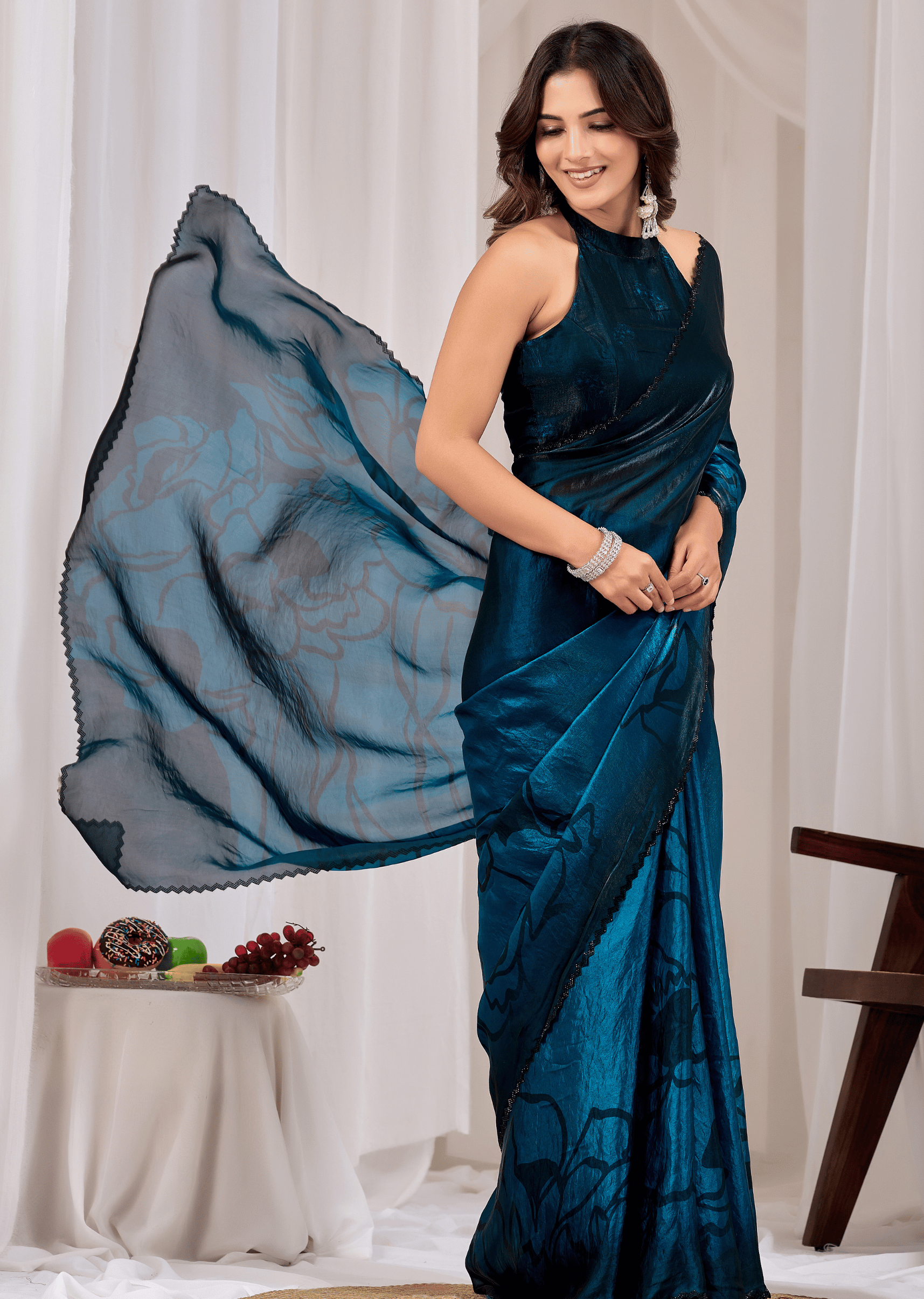 Royal Blue Organza Saree Blouse Close Up - Stone Border Detailing