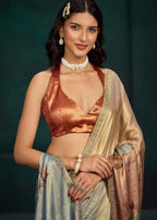 Orange Ombre Floral Printed Satin Silk Saree With Embellished Border