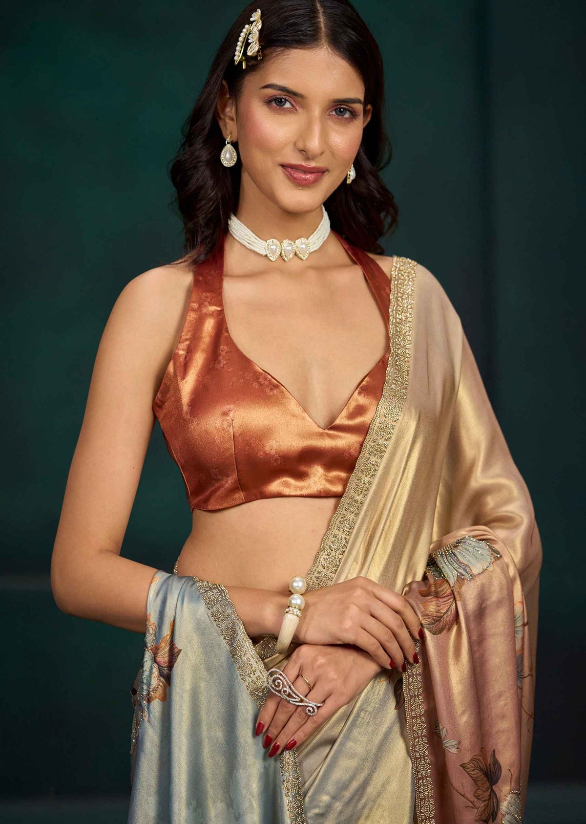 Orange Ombre Floral Printed Satin Silk Saree With Embellished Border