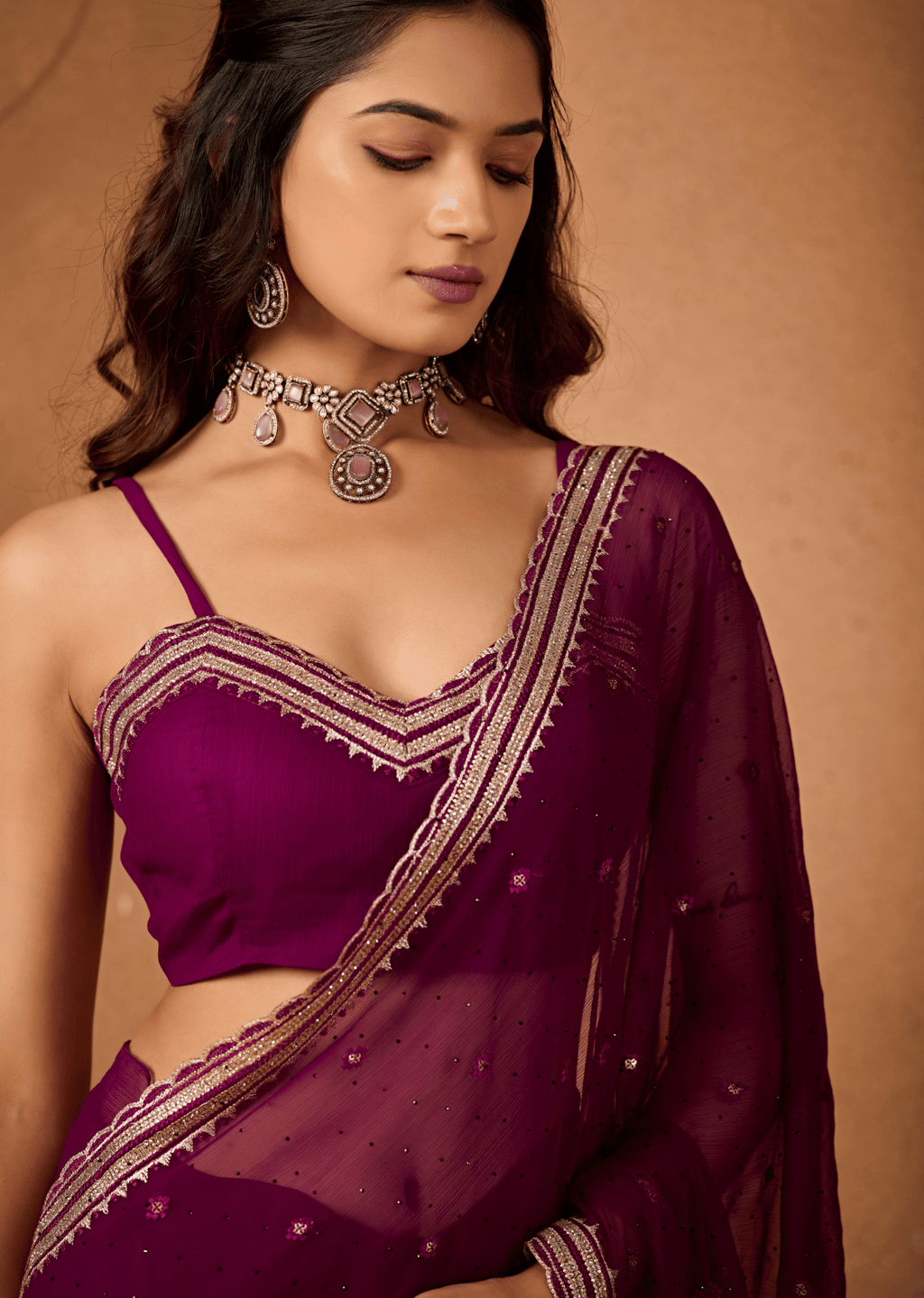 Purple Chiffon Saree Sequin Border Close Up - Festive Wear Saree