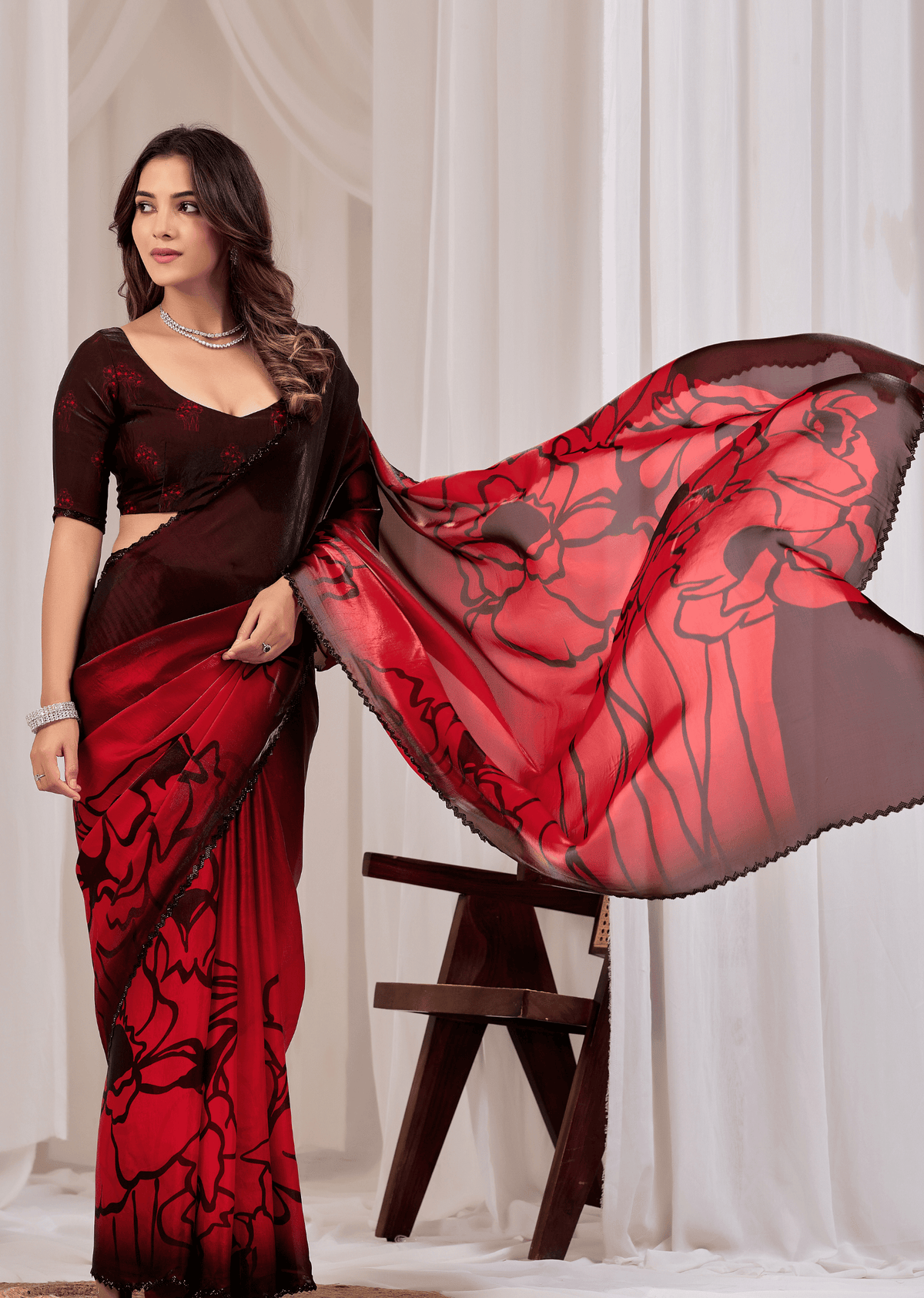 Cherry Red Organza Saree Blouse Close Up - Stone Border Detailing