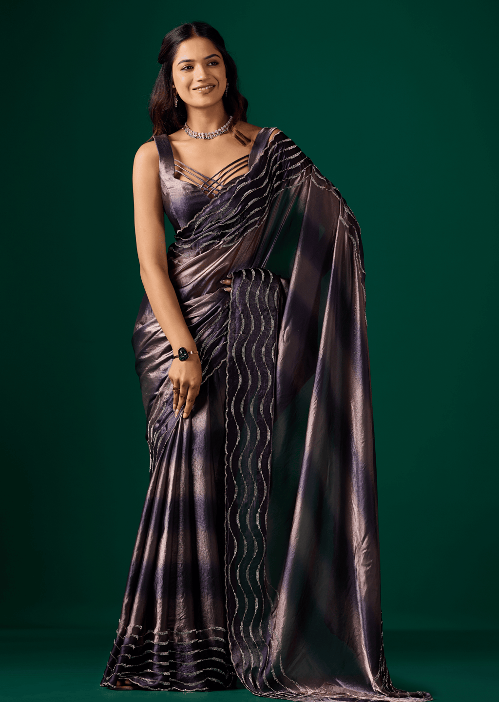Blue Italian Silk Saree With Wavy Diamond Work - Front Look | Buy Online Ethnic9