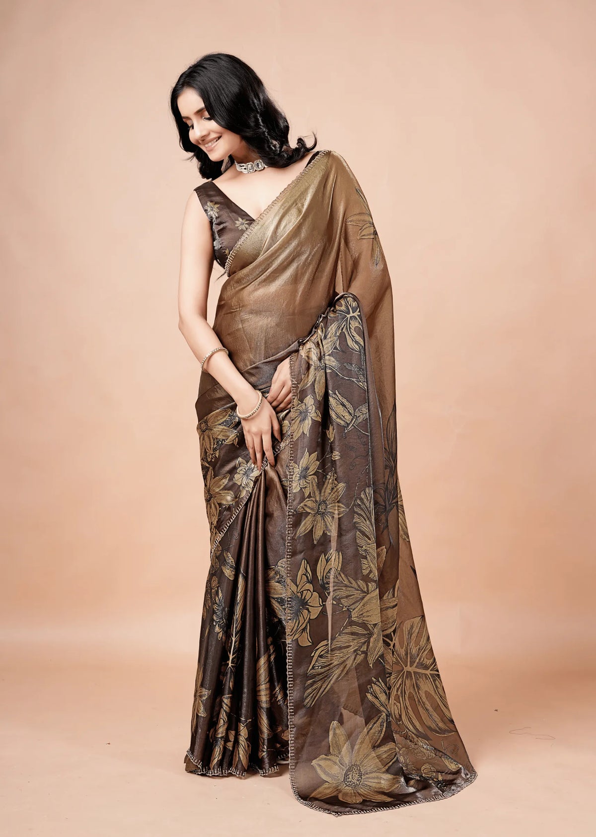 Coffee Brown Organza Silk Saree With Oversized Floral Print