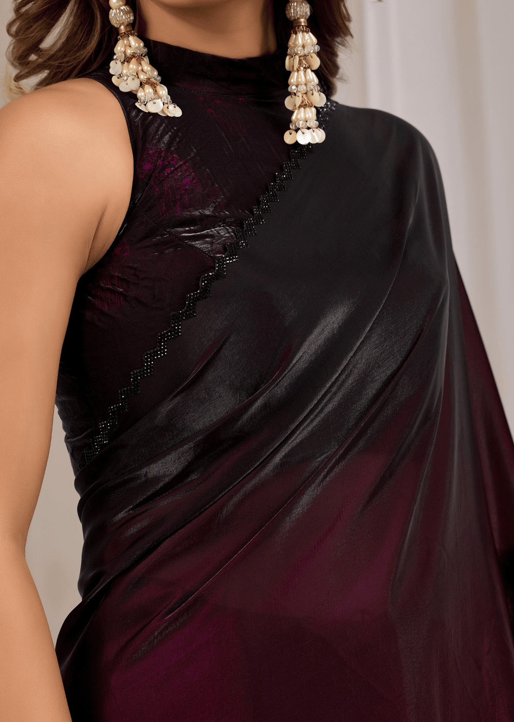 Wine Organza Saree Blouse Close Up - Floral Print Detailing