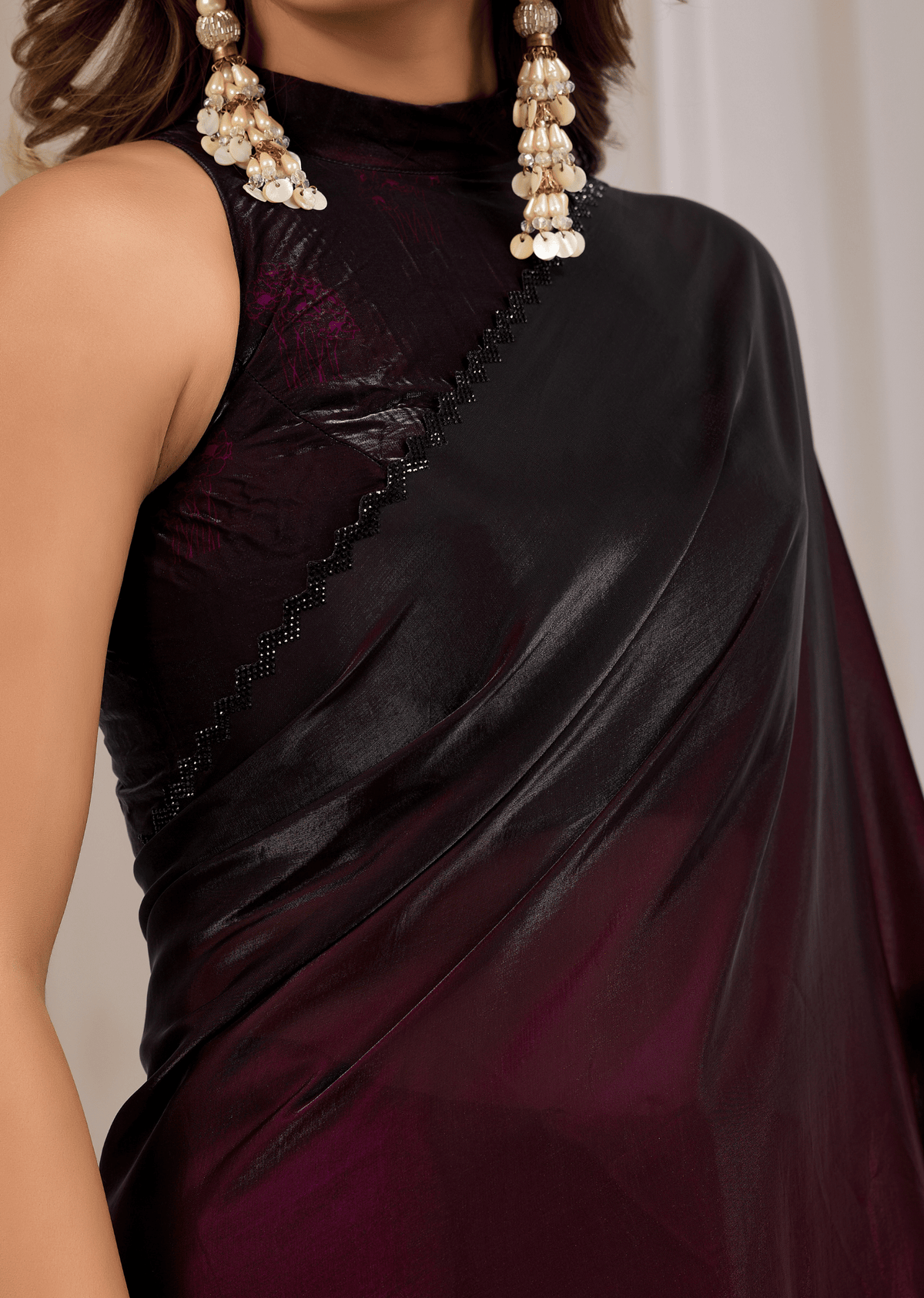 Wine Organza Saree Blouse Close Up - Floral Print Detailing