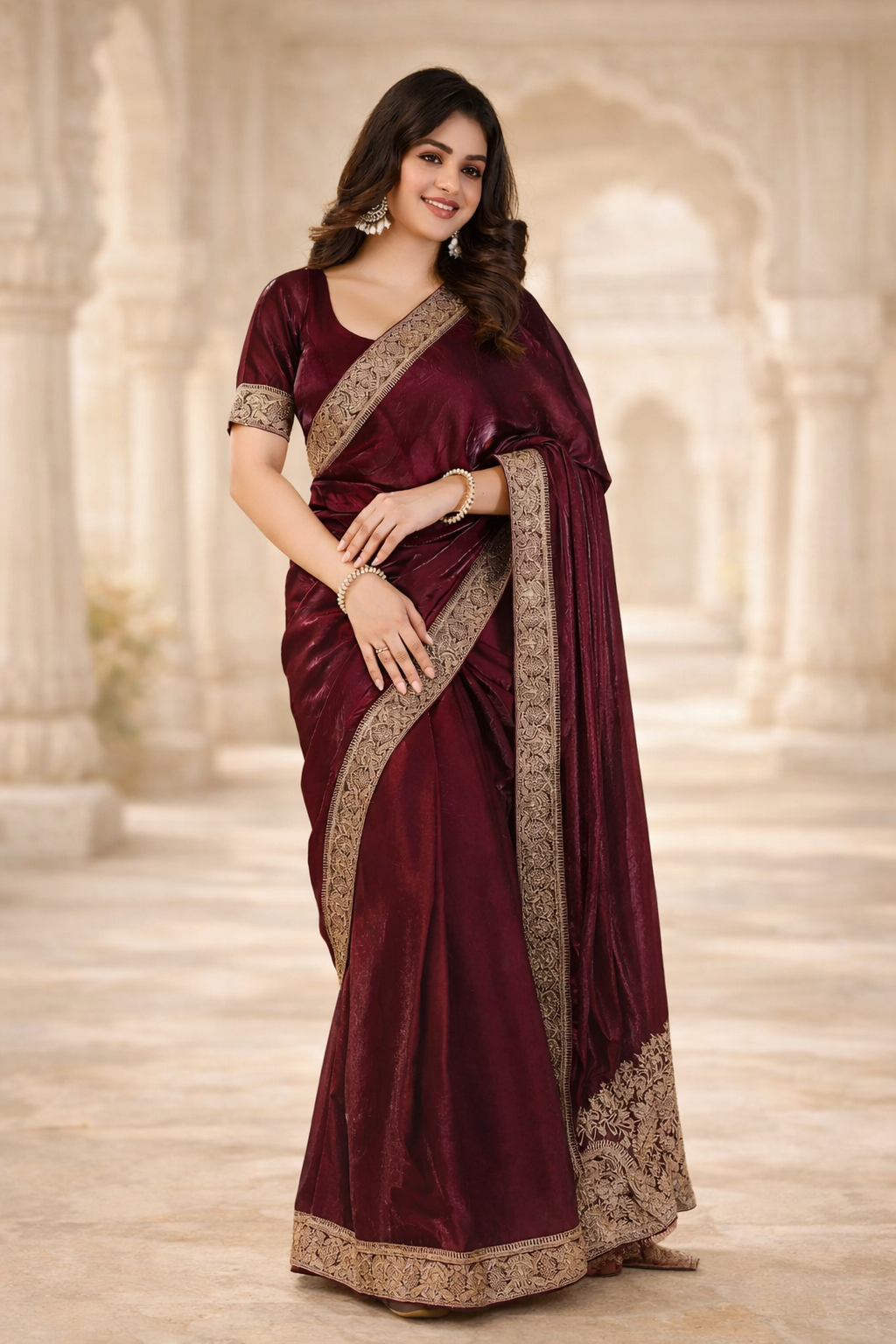 Marun zari work swarovski soft silk saree