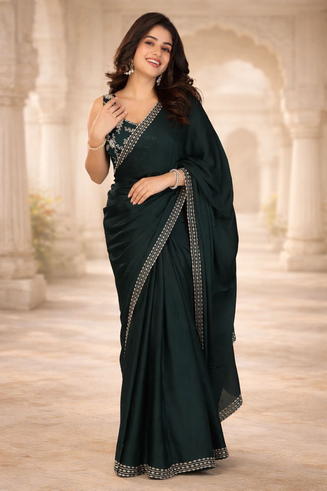 Dark green stone work pure satin saree Hover Image