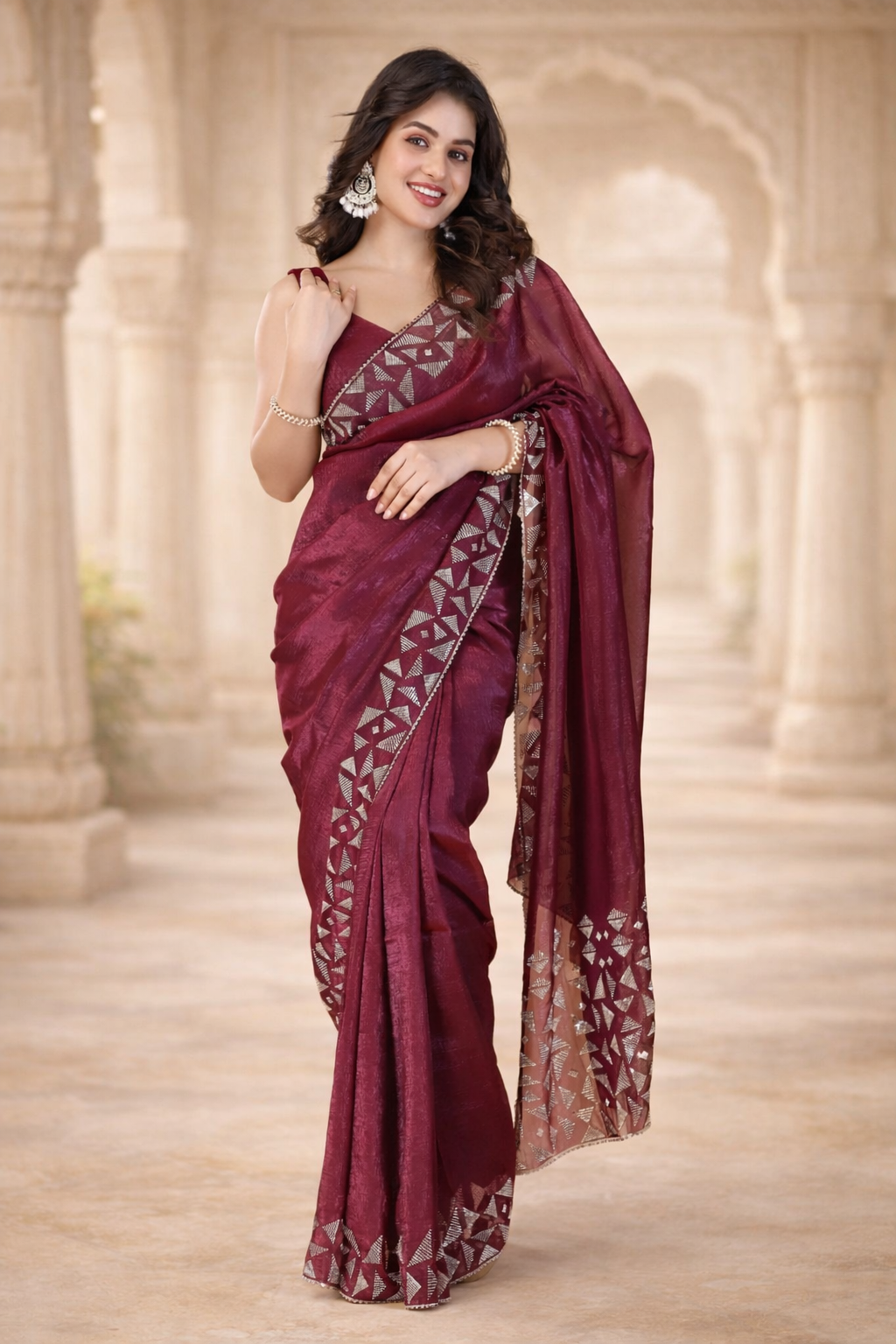 Wine stone work crunchy saree