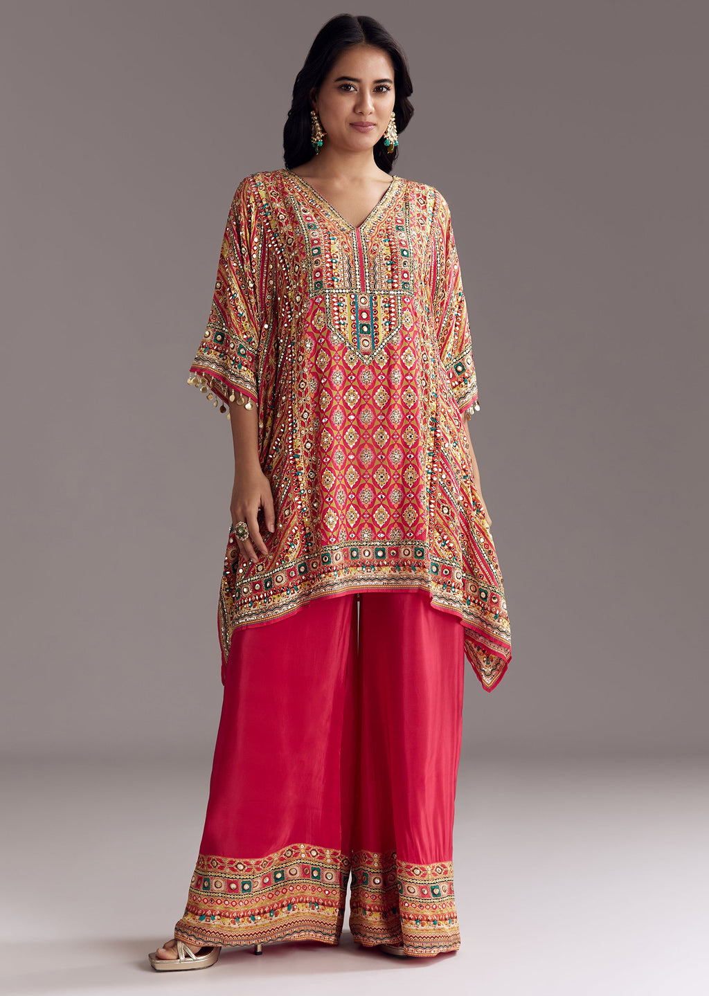 Crimson Red Printed Kaftaan Set