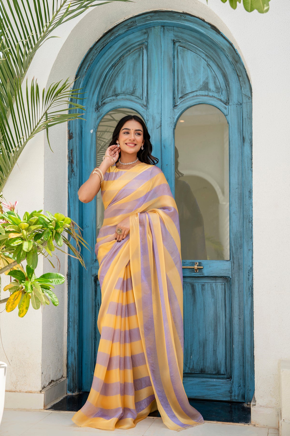 Purple Soft Organza Saree With Leheriya Design - Front Look | Buy Online Ethnic9