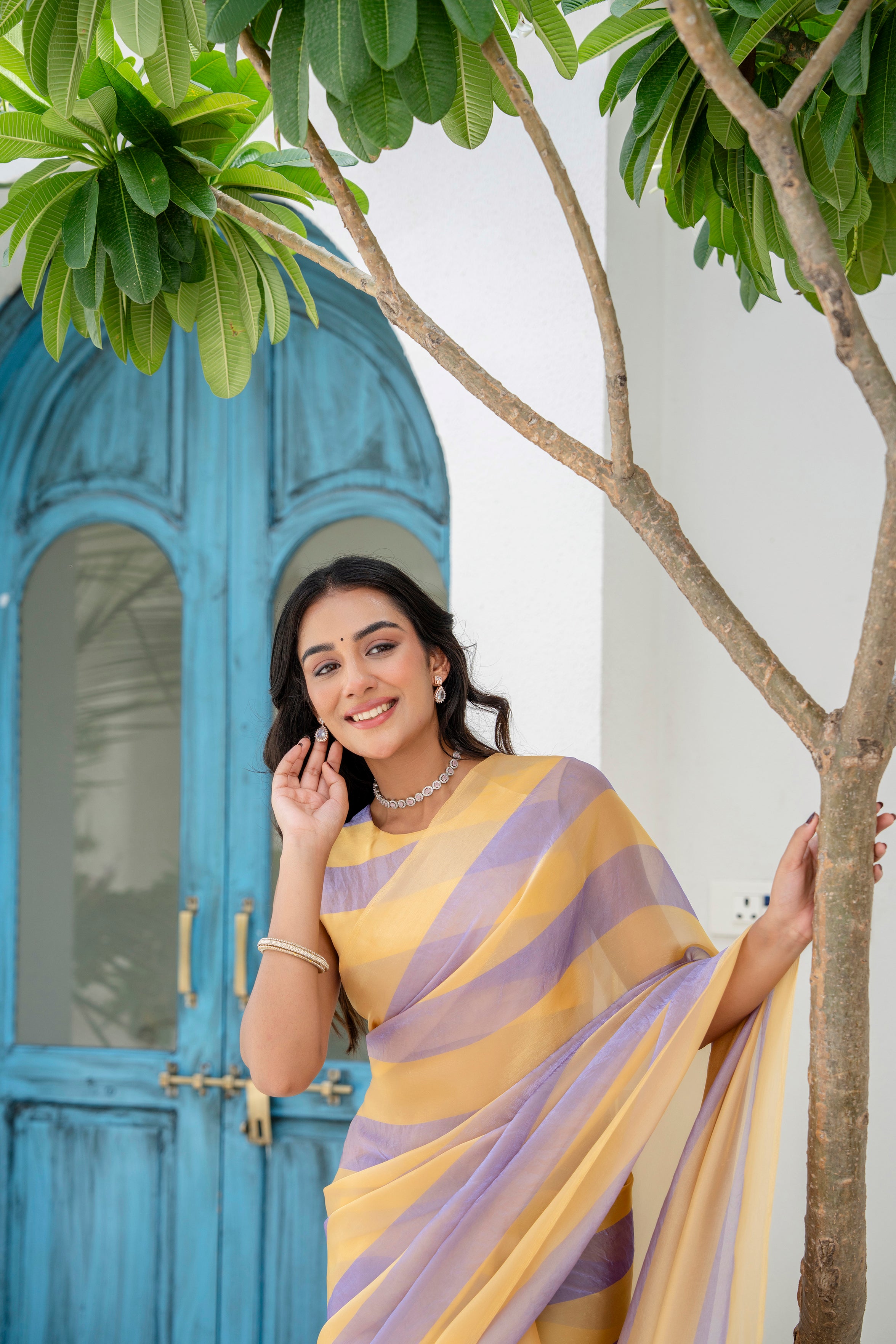 Purple Organza Saree Standing Pose - Festive Wear Saree