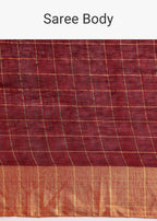 Maroon Linen Woven Saree With Zari Border And Unstitched Blouse