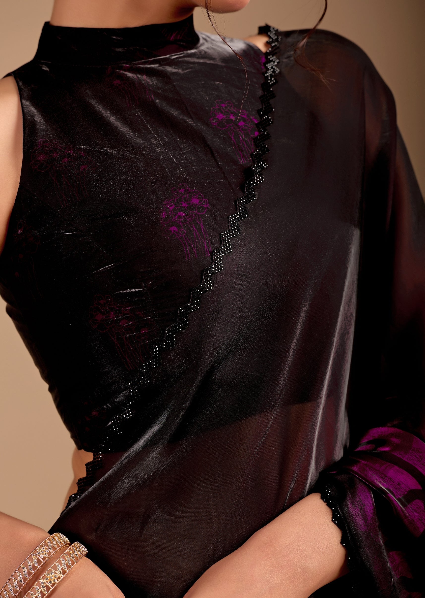Wine Organza Saree With Floral Print