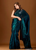 Teal Organza Saree With Floral Print