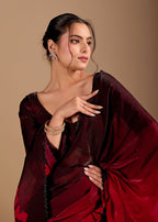 Cherry Red Organza Saree With Floral Print