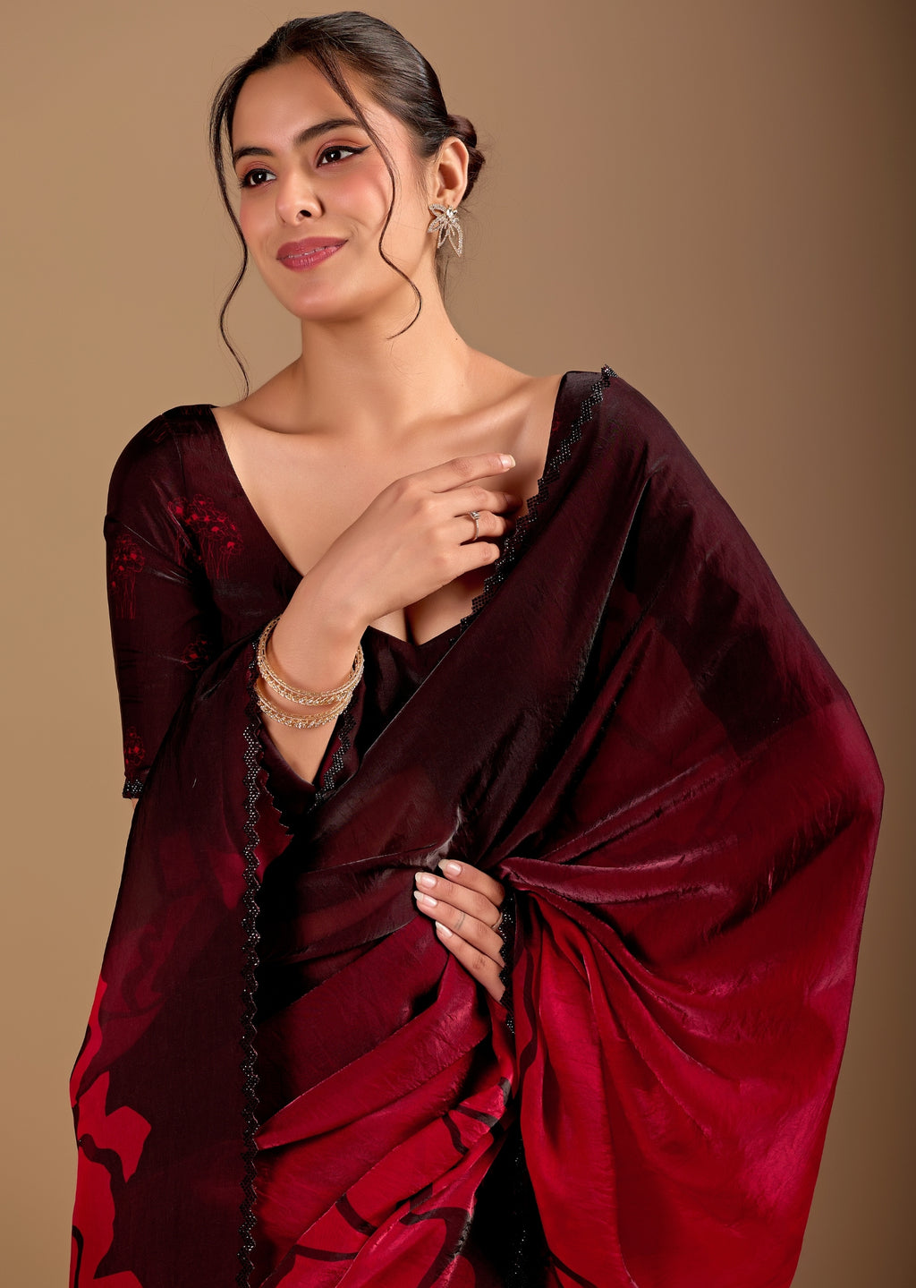Cherry Red Organza Saree With Floral Print