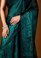 Green Organza Saree With Floral Print