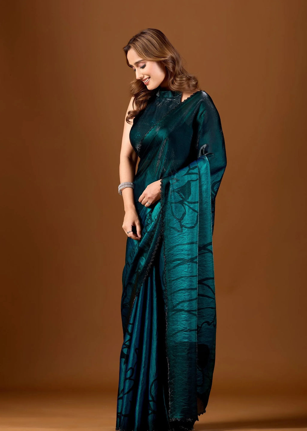 Teal Organza Saree Close Up Pose - Festive Wear Saree