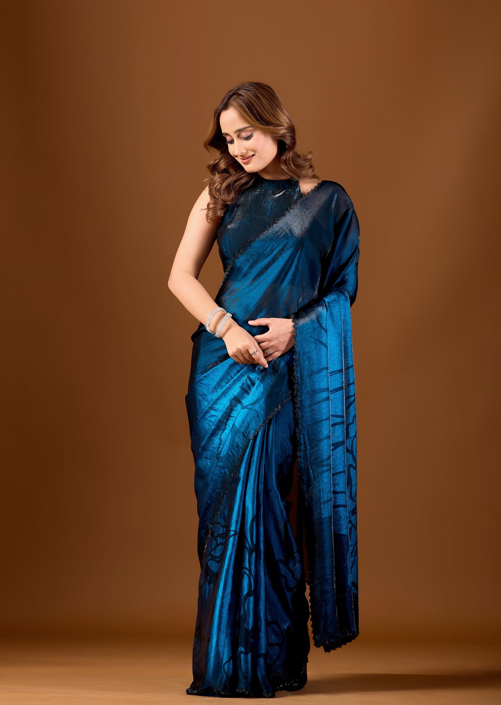Royal Blue Organza Saree With Floral Print