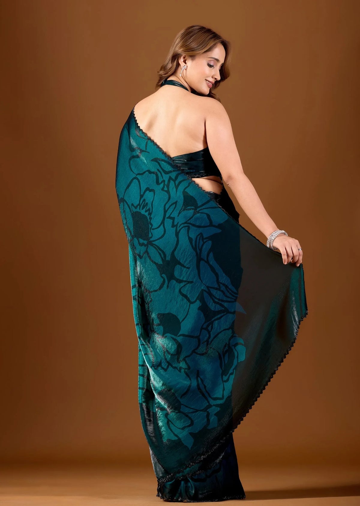 Teal Organza Saree Back Pose - Floral Print Detail