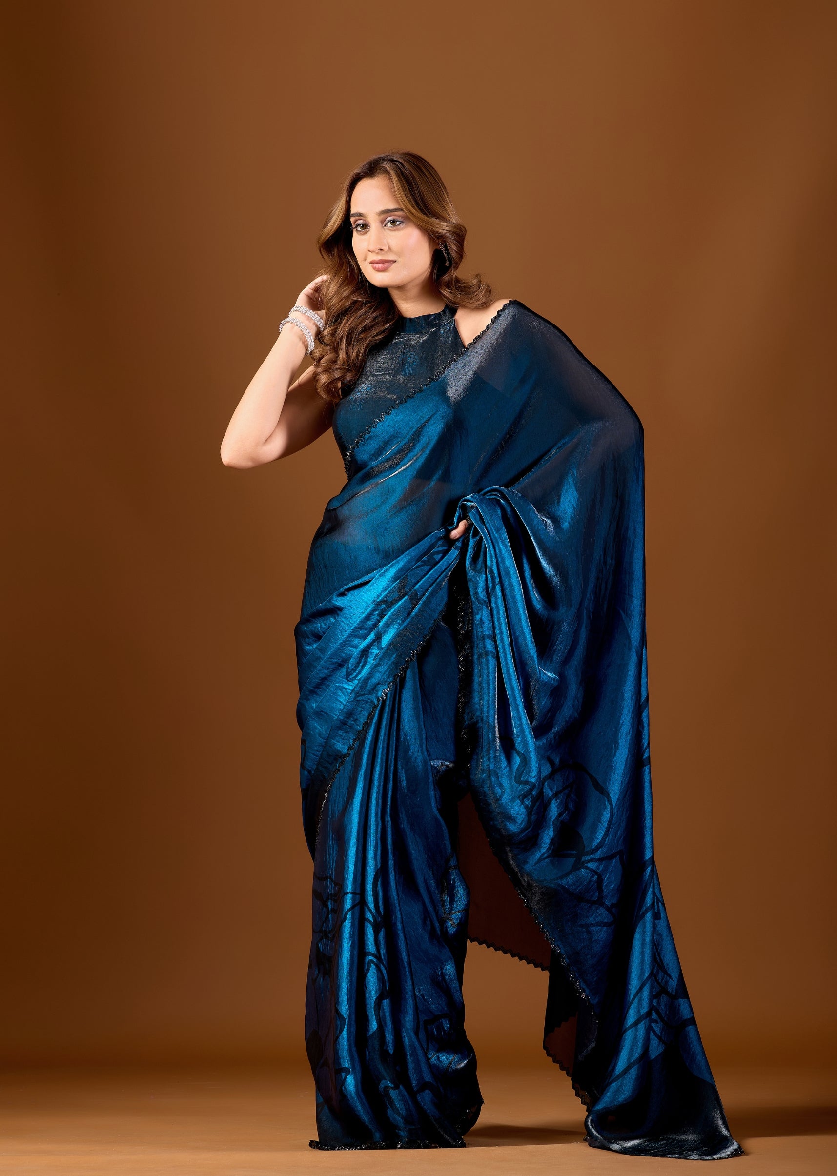 Royal Blue Organza Saree With Floral Print
