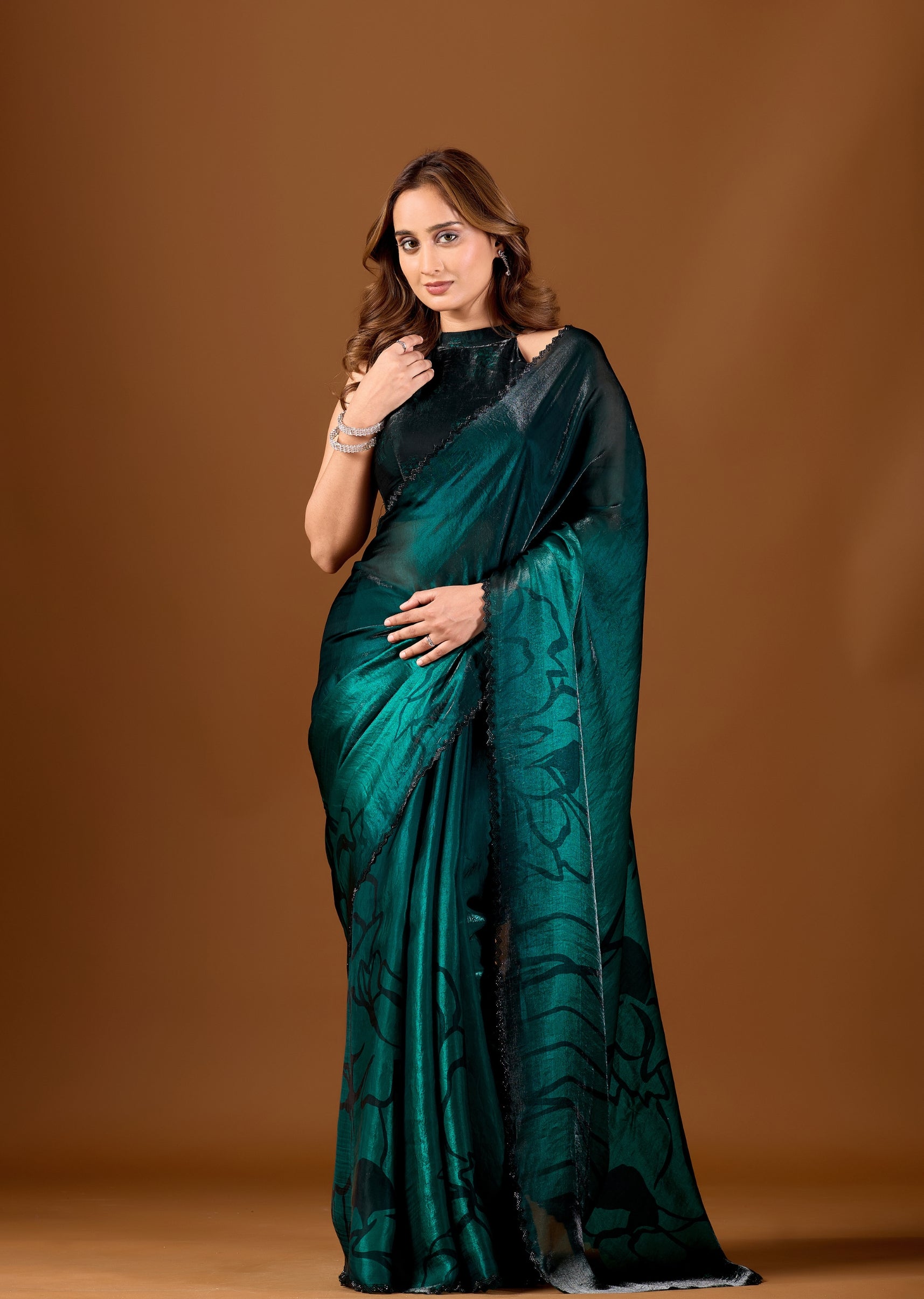 Green Organza Saree With Floral Print