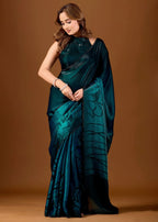 Teal Organza Saree Blouse Close Up - Stone Border Detailing