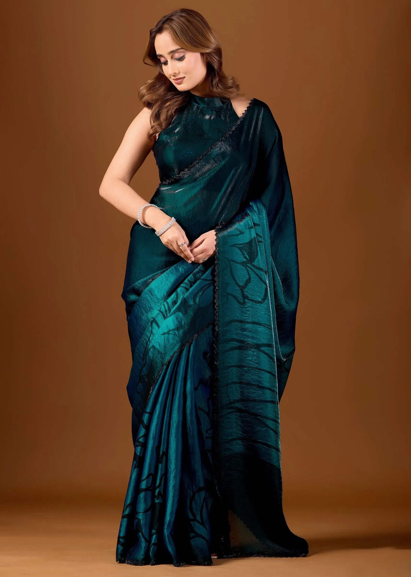 Teal Organza Saree Blouse Close Up - Stone Border Detailing