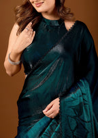 Teal Organza Saree With Floral Print
