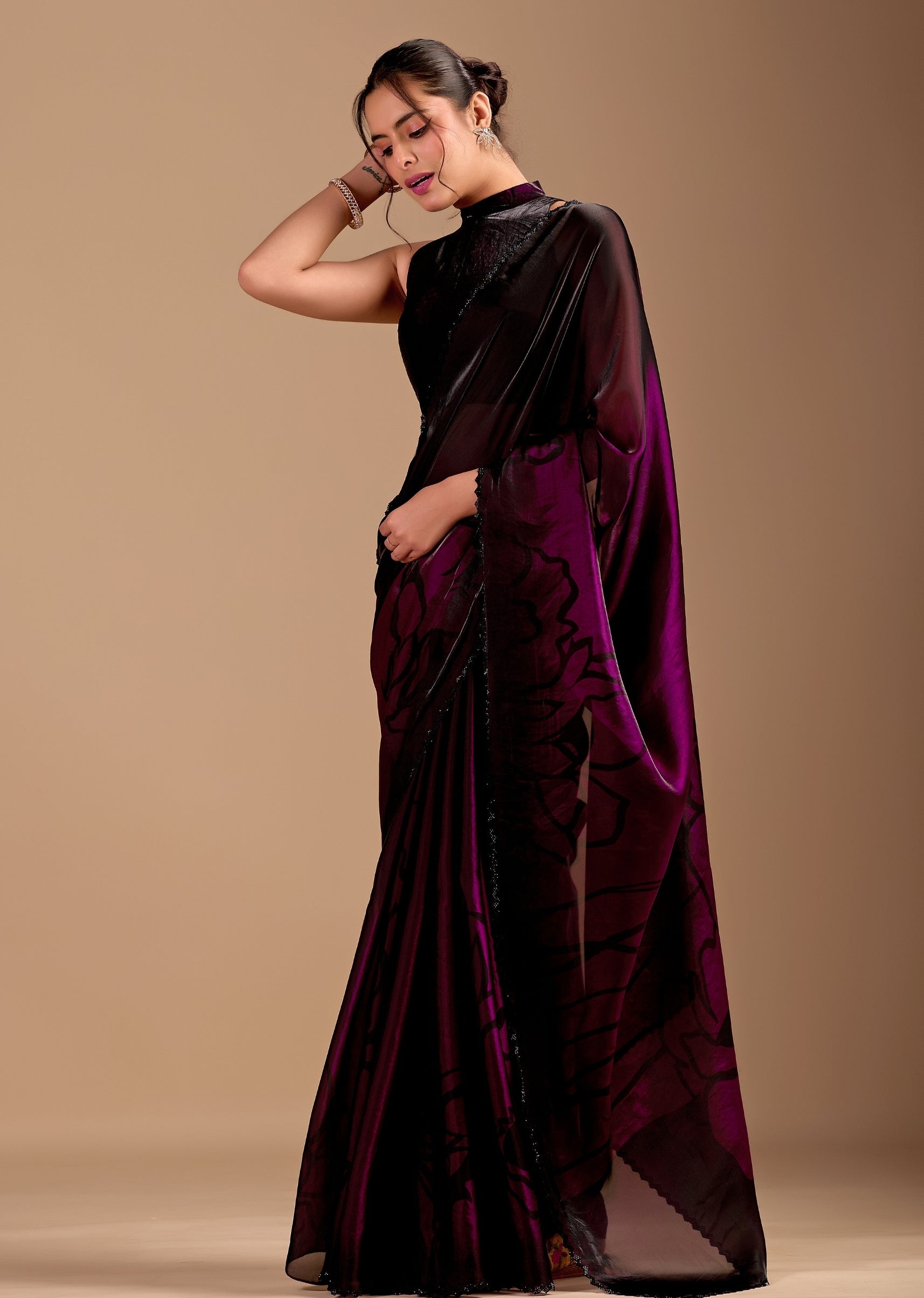 Wine Organza Saree With Floral Print