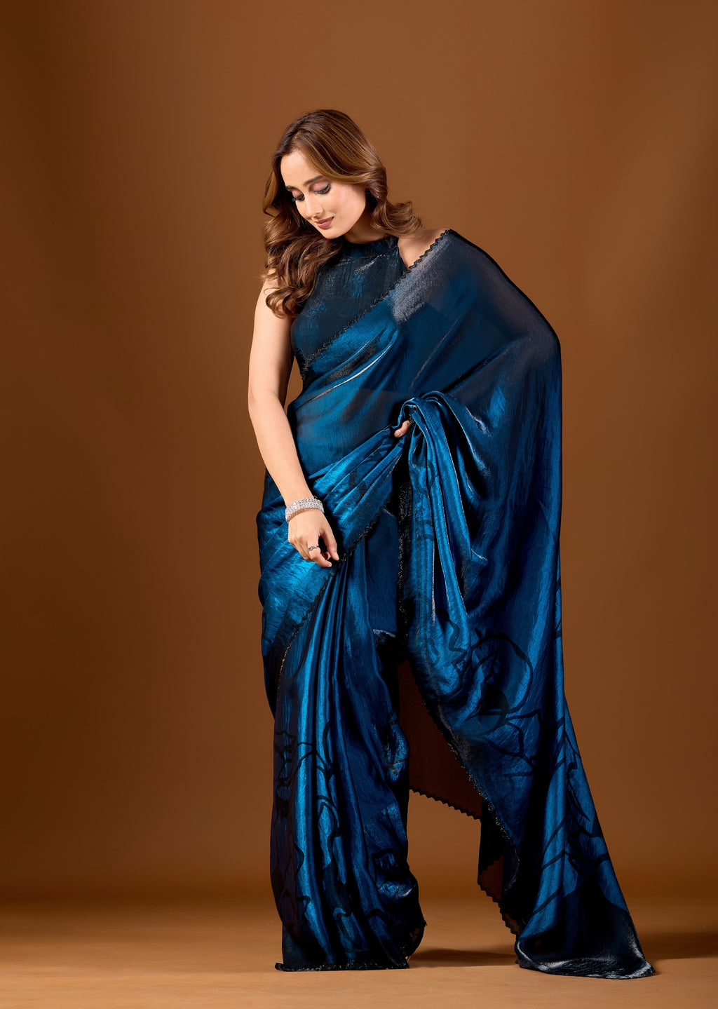 Royal Blue Organza Saree With Floral Print