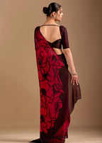 Cherry Red Organza Saree With Floral Print