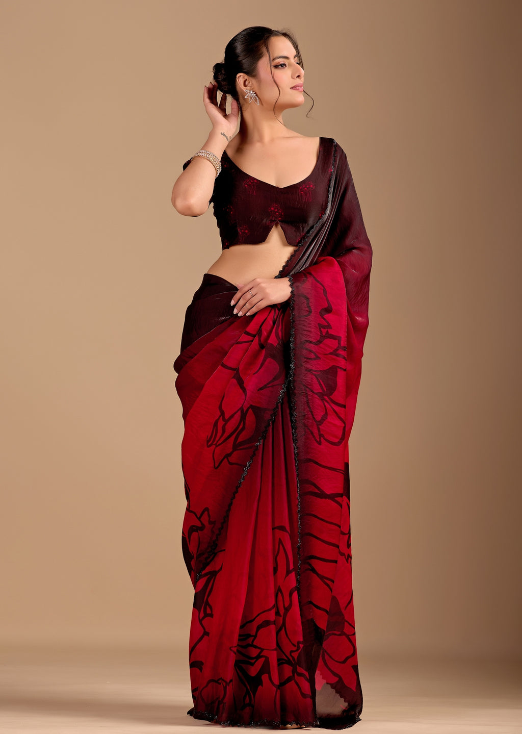 Cherry Red Organza Saree With Floral Print