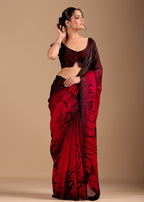 Cherry Red Organza Saree With Floral Print