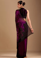 Wine Organza Saree With Floral Print