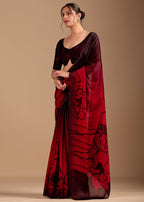 Cherry Red Organza Saree With Floral Print