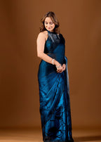 Royal Blue Organza Saree With Floral Print