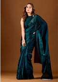 Teal Organza Saree With Floral Print - Front Look | Buy On Ethnic9