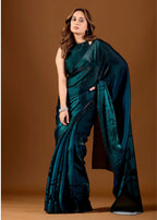 Teal Organza Saree With Floral Print - Front Look | Buy On Ethnic9